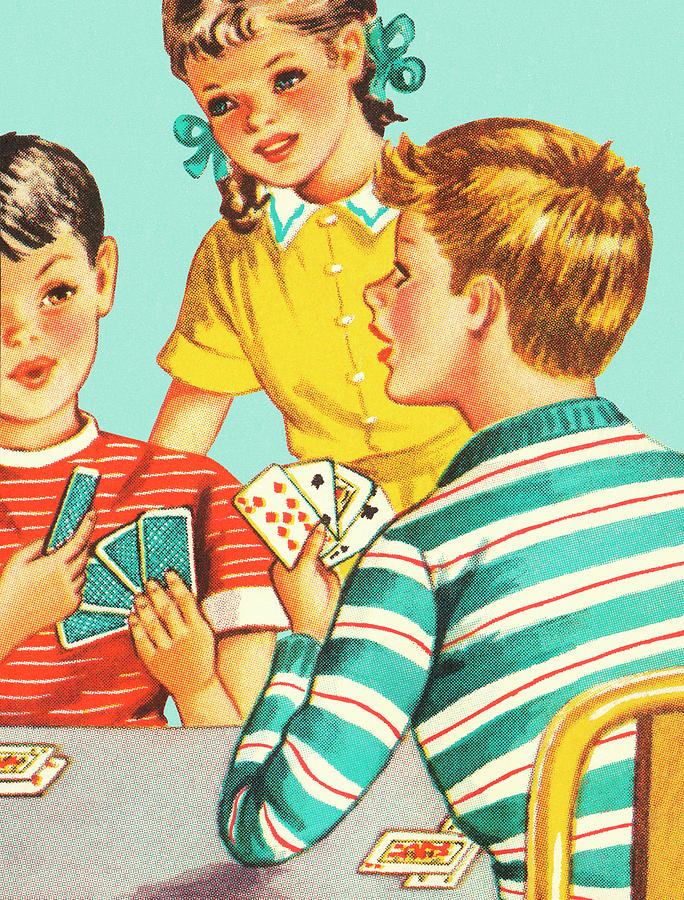Vintage Drawing - Children Playing Cards by CSA Images