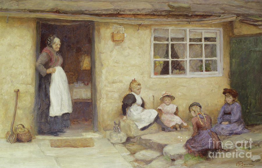 Nineteenth Century Painting - Children playing Dice by a Cottage by English School