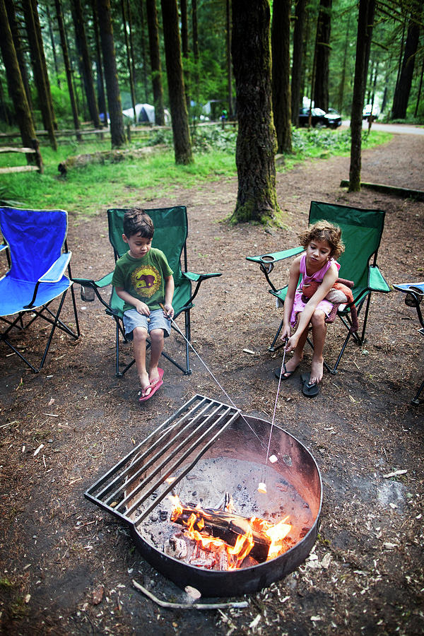 Nature Photograph - Children Roasting Marshmallows Over Fire Pit In Forest by Cavan Images