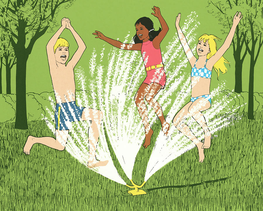 Summer Drawing - Children Running Through a Sprinkler by CSA Images