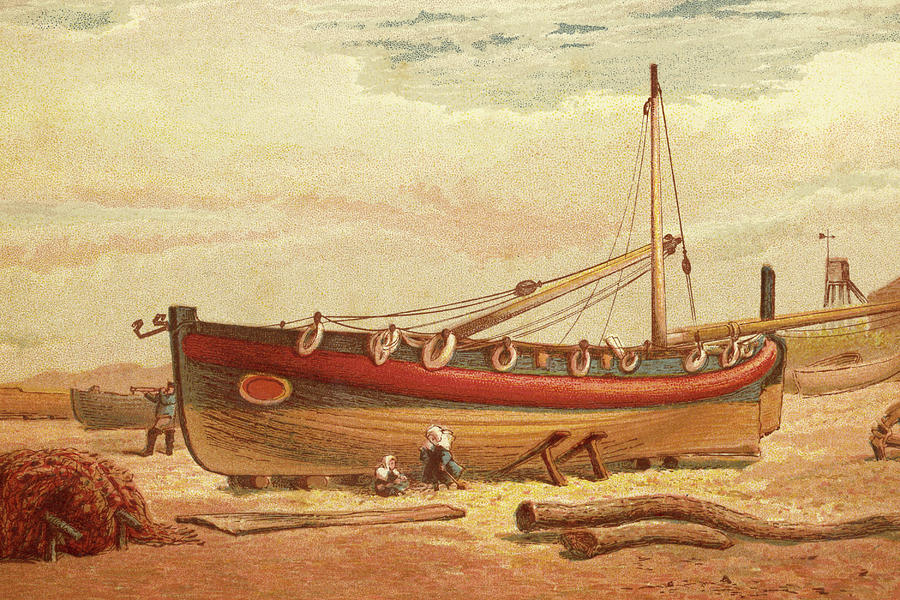 Children sit below a large drydocked boat on the beach Painting by Kronheim & Dalziels
