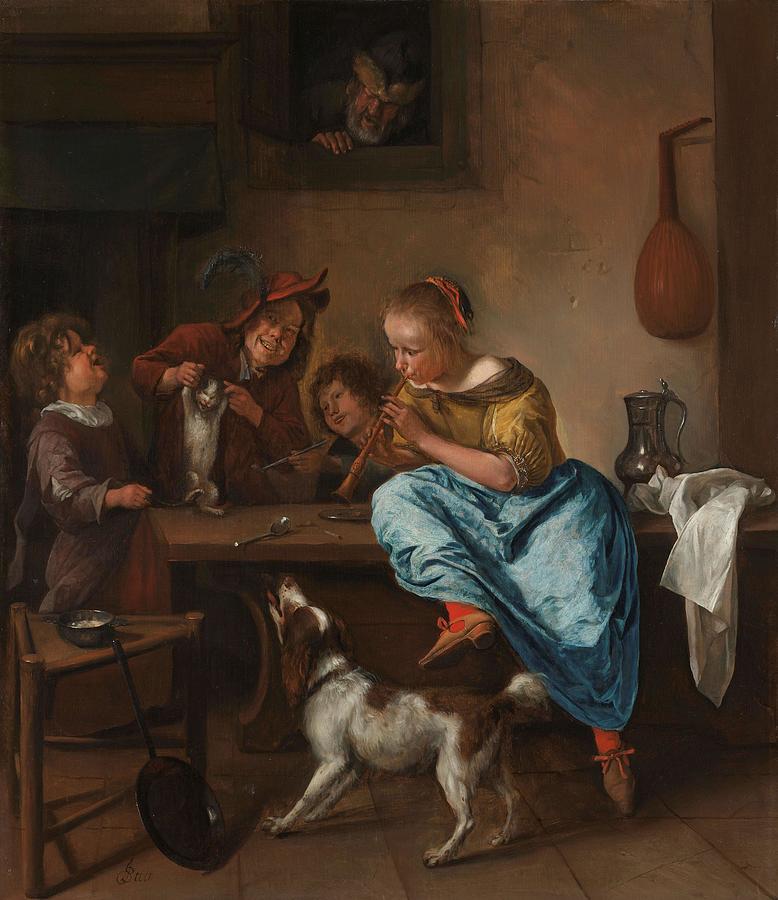 Children Teaching a Cat to Dance, Known as The Dancing Lesson. Painting by Jan Havicksz Steen