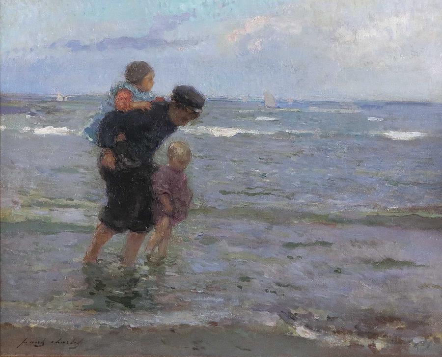 Nature Painting - Children walking along the Beach by Frantz Charlet by Celestial Images