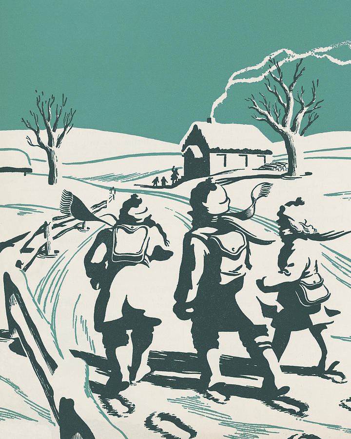 Architecture Drawing - Children Walking in the Snow to School by CSA Images