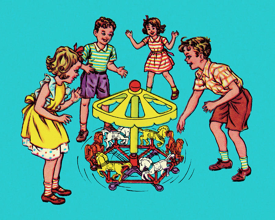 Vintage Drawing - Children Watching a Merry Go Round by CSA Images