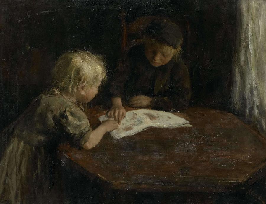 Children with a Picture-book. Painting by Jacob Simon Hendrik Kever -1854-1922-