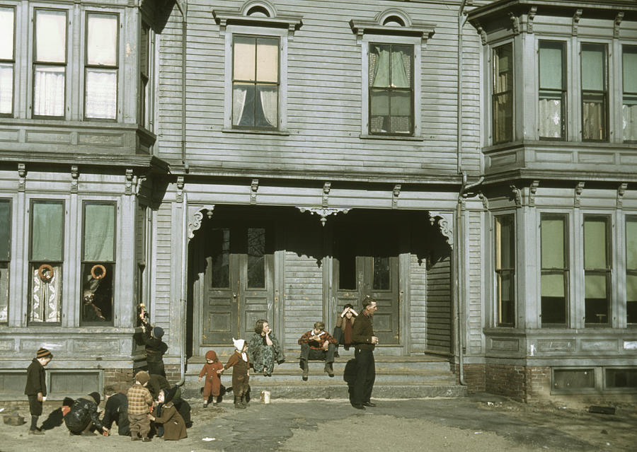 Children with adult in the tenement district, Brockton, Massachusetts Painting by Unknown