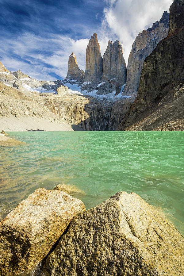 Chile, Magallanes Y Antartica Chilena, Puerto Natales, Patagonia, Andes, Torres Del Paine National Park, Scenic View Of Iconic Las Torres Peaks Digital Art by Jan Miracky