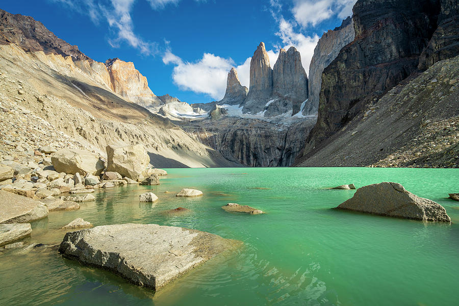 Chile, Magallanes Y Antartica Chilena, Puerto Natales, Patagonia, Andes, Torres Del Paine National Park, Scenic View Of The Iconic Los Torres Peaks Digital Art by Jan Miracky