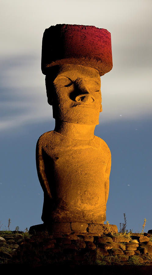 Chile, Valparaiso, Rapa Nui National Park, Easter Island, One Of The Ancient Statues Illuminated At Night, Ahu Nau Nau Near Anakena Beach Digital Art by Ivano Fusetti