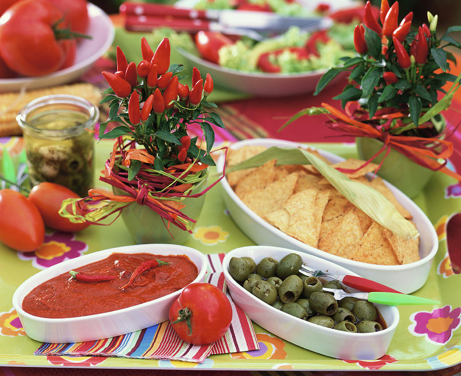 Snack Photograph - Chili Dip, Olives And Tortilla Chips by Strauss, Friedrich