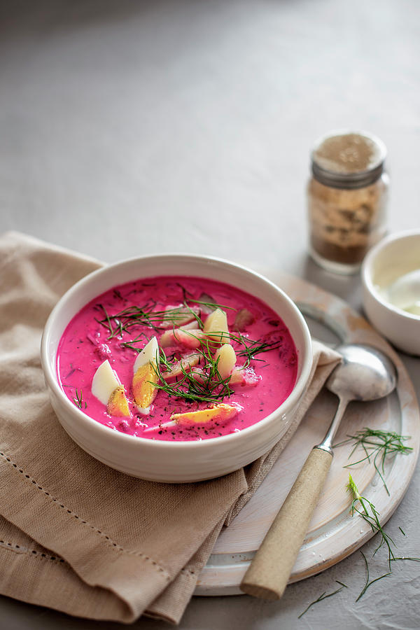 Chilled Beatroot Soup With Egg, Dill And Potato Photograph by Magdalena Hendey
