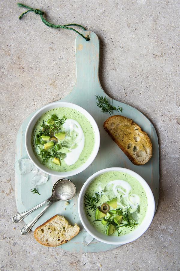 Chilled Cucumber And Avocado Soup With Dill Photograph by Magdalena Hendey