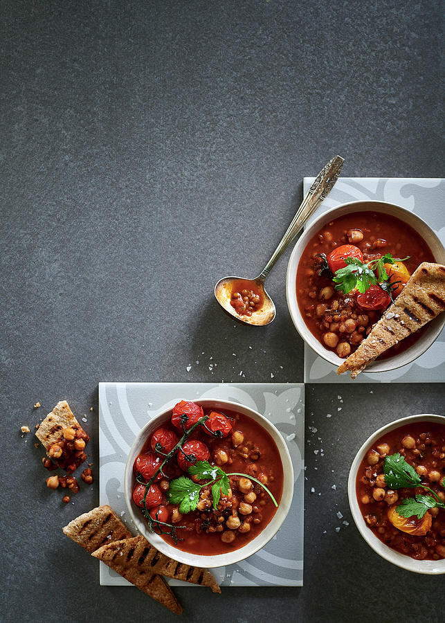 Chilled Moroccan Chickpea, Lentil And Tomato Soup With Crispy Pita Strips Photograph by Great Stock!