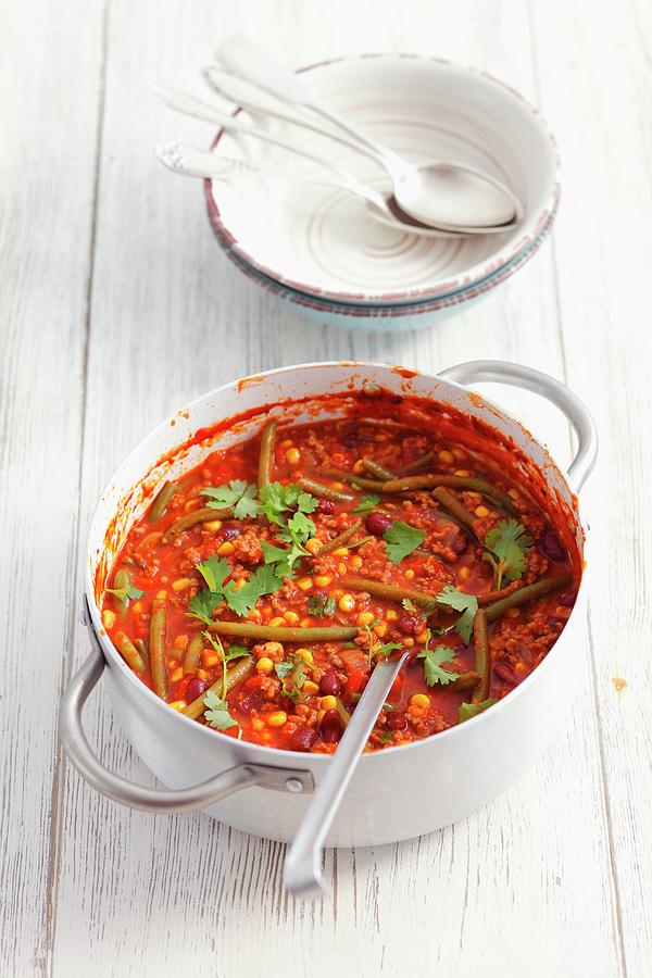 Chilli Con Carne With Sweetcorn, Green Beans And Coriander Leaves Photograph by Rua Castilho