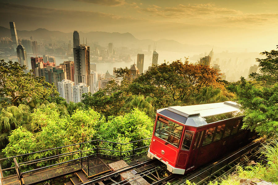 China, Hong Kong, Hong Kong Island, Historical Peak Tram At Victoria Peak Digital Art by Maurizio Rellini