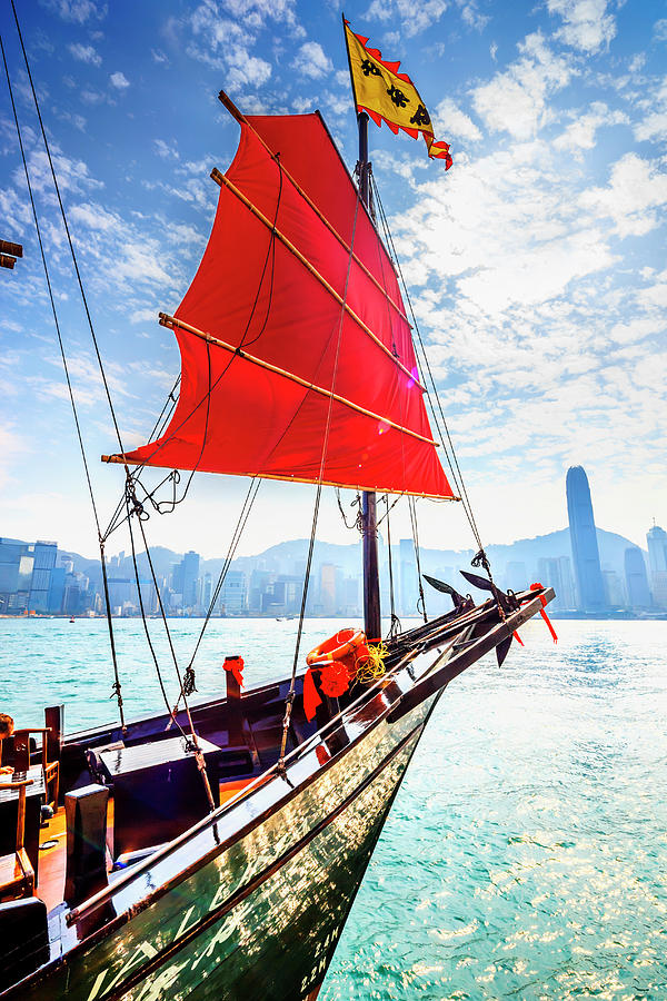 China, Hong Kong, Hong Kong Island, Victoria Harbor, Aqua Luna Junk In Victoria Harbor Digital Art by Maurizio Rellini