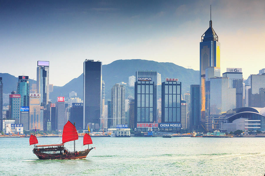 China, Hong Kong, Hong Kong Island, Victoria Harbor, Traditional Junk With The International Financial Center In The Background Digital Art by Maurizio Rellini