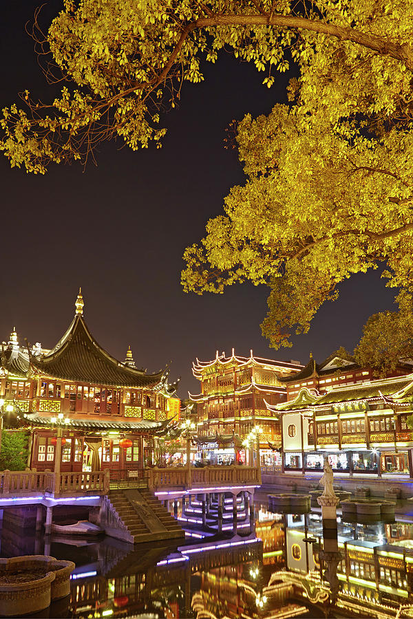 China, Shanghai, Huxinting Teahouse Illuminated At Night, Yuyuan Gardens Digital Art by Richard Taylor