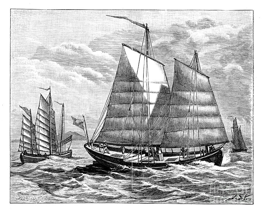 Chinese Boats In The Canton River, 19th Drawing by Print Collector