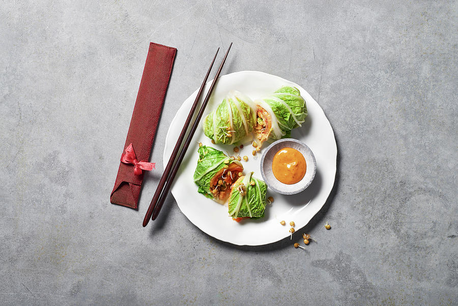 Chinese Cabbage Roulade With Lentil Sprouts And Smoked Salmon Photograph by Hans Gerlach