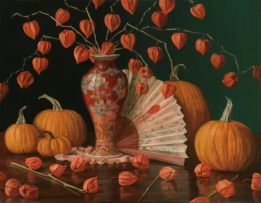 Pumpkin Painting - Chinese Lanterns Pumpkin And Fan by Christopher Pierce