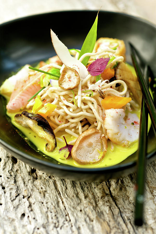 Chinese Noodles With Fish And Mushrooms, Lime And Ginger Sauce Photograph by Pradels