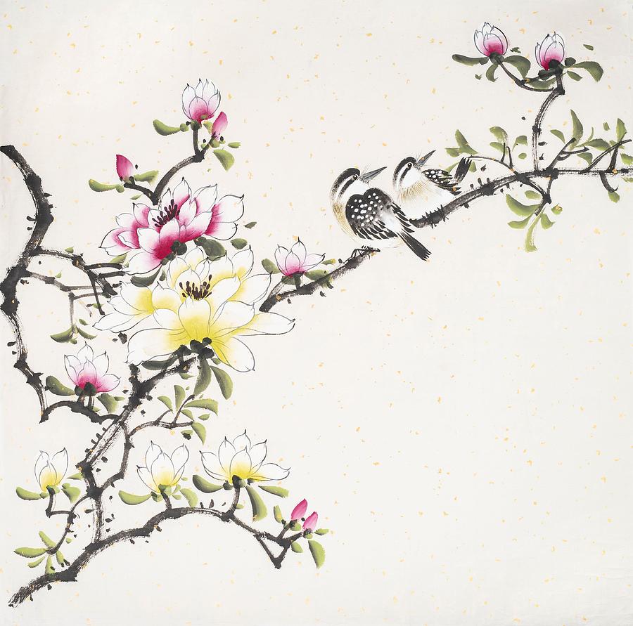 Magnolia Movie Drawing - Chinese Painting Of Blossoming Magnolia by Wu Kailiang