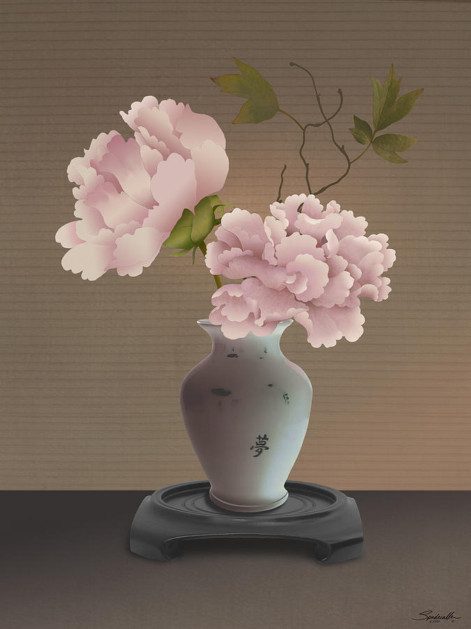 Chinese Pink Peonies in Vase Mixed Media by M Spadecaller