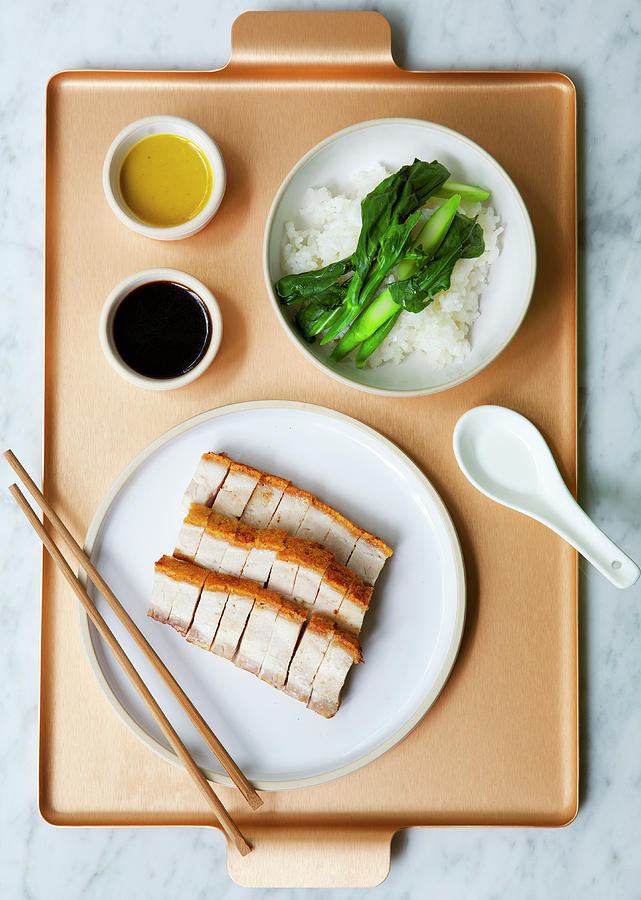 Chinese Pork Belly With Rice And Vegetables On A Tray Photograph by Hugh Johnson