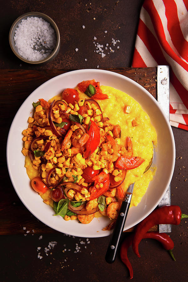 Chinese Rice Congee With Sweetcorn, Tomatoes And Shrimps Photograph by Karolina Polkowska