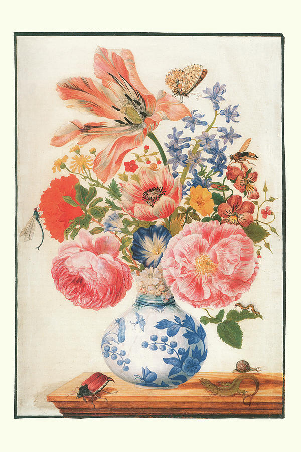 Chinese vase with Roses, Poppies, and Carnations Painting by Maria Sibylla Merian
