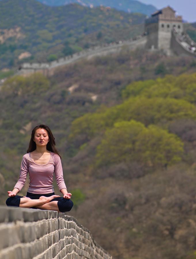 Rural Scene Photograph - Chinese Woman Meditating On The Great Chinese Wall by Cavan Images