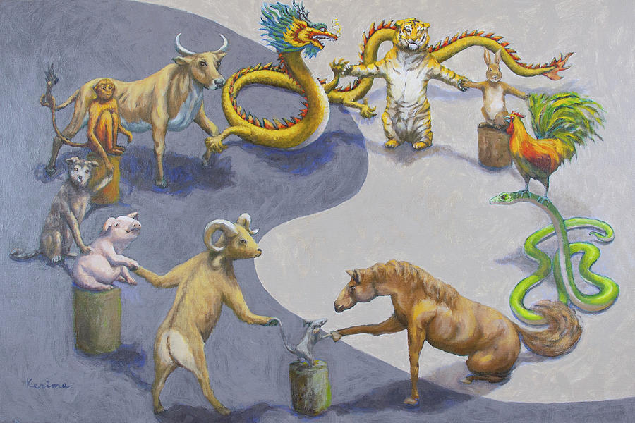 Chinese Zodiac Animals in Harmony  Painting by Kerima Swain