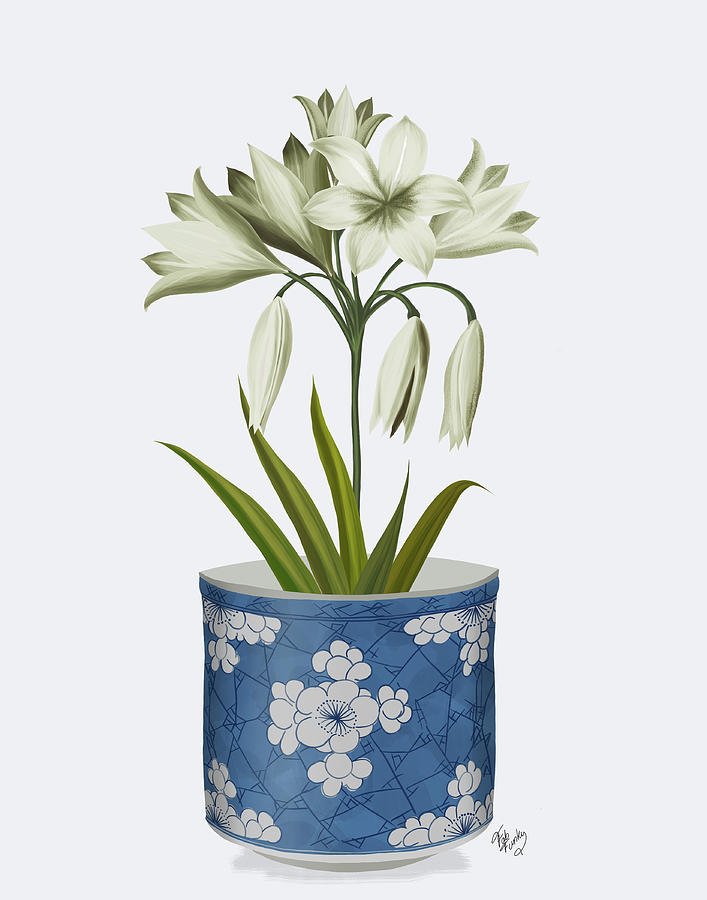 Chinoiserie Amaryllis White, Blue Vase Painting by Fab Funky