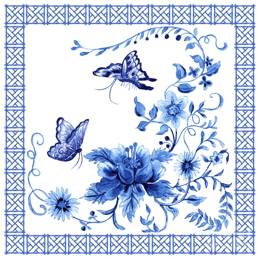 Chinoiserie Blue and White Pagoda with Stylized Flowers Butterflies and Chinese Chippendale Border Painting by Audrey Jeanne Roberts