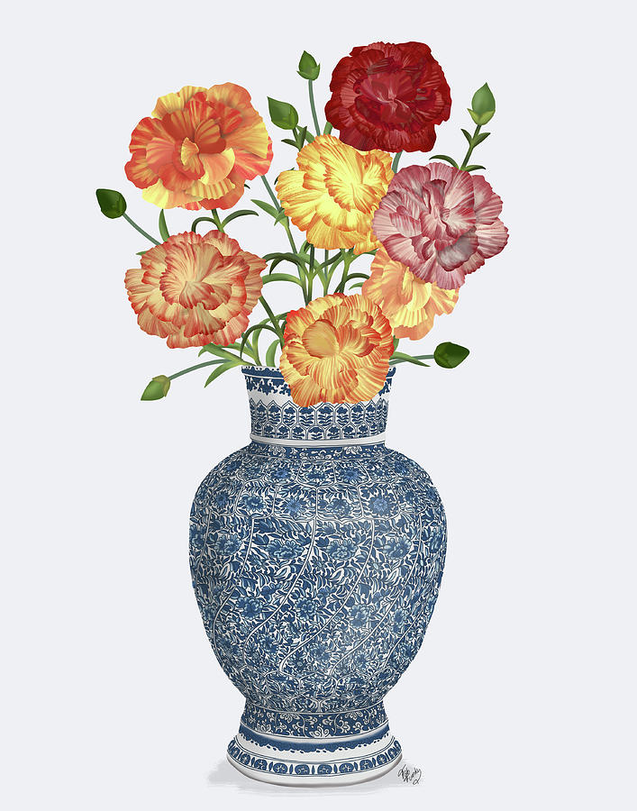 Chinoiserie Carnations Multicolour, Blue Vase Painting by Fab Funky