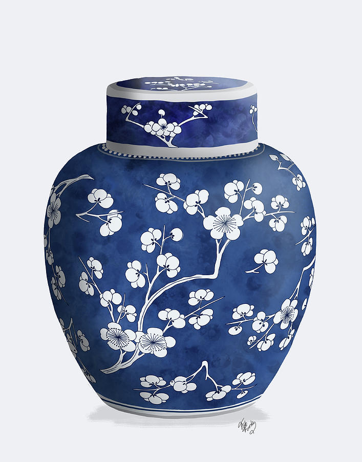 Flowers Still Life Painting - Chinoiserie Cherry Blossom Ginger Jar, Blue by Fab Funky