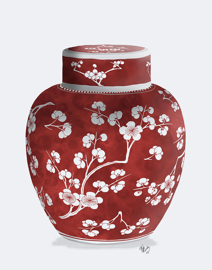 Chinoiserie Cherry Blossom Ginger Jar, Red Painting by Fab Funky