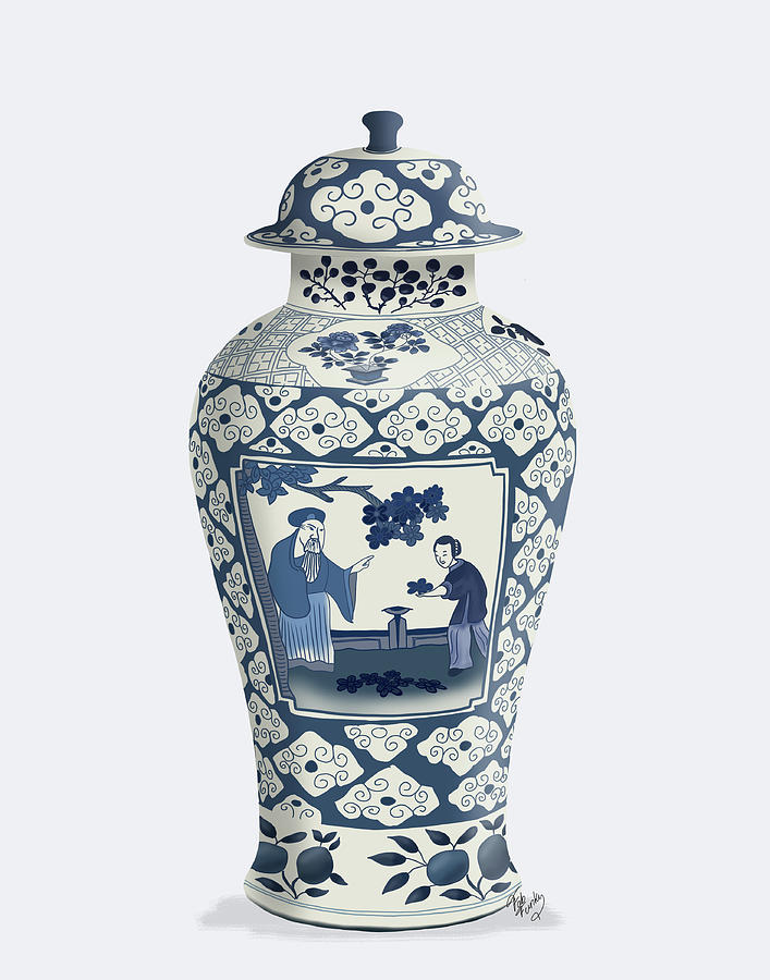 Vase Painting - Chinoiserie Cherry Blossom Picker, Blue by Fab Funky