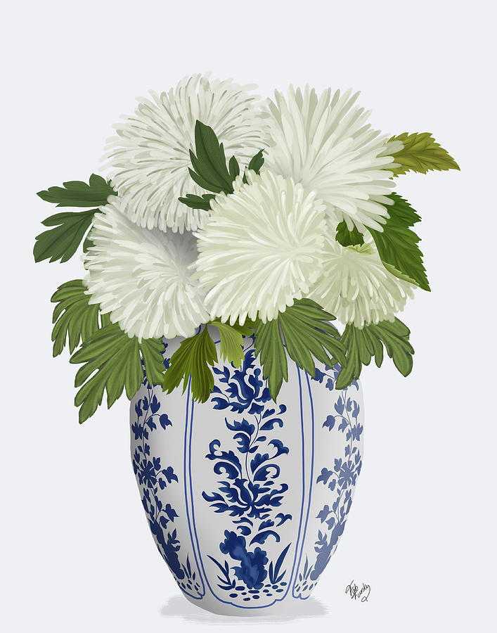 Chinoiserie Chrysanthemum White, Blue Vase Painting by Fab Funky
