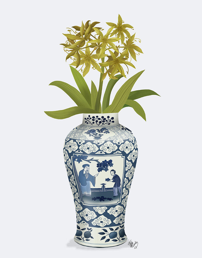 Chinoiserie Day Lily Lemon, Blue Vase Painting by Fab Funky