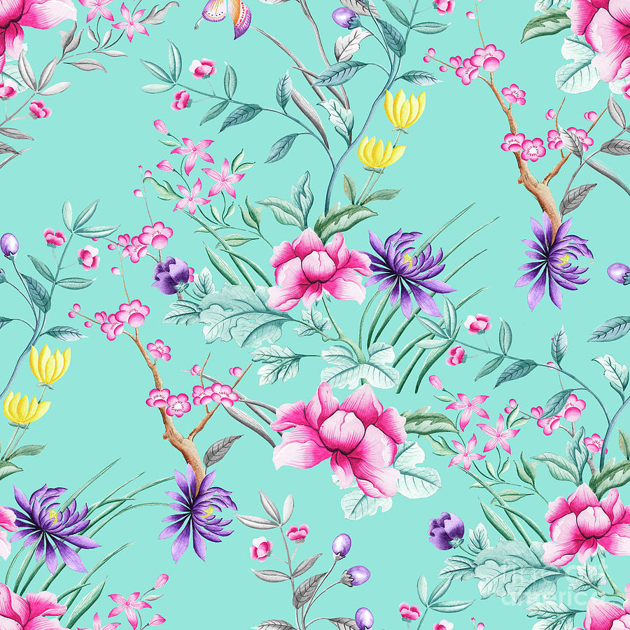 Chinoiserie Decorative Floral Motif Pale Turquoise Digital Art by Sharon Mau