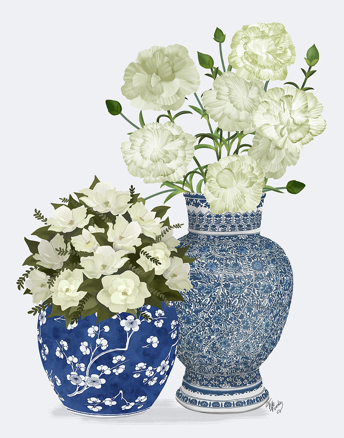 Chinoiserie Flower Duo 1, Blue Painting by Fab Funky