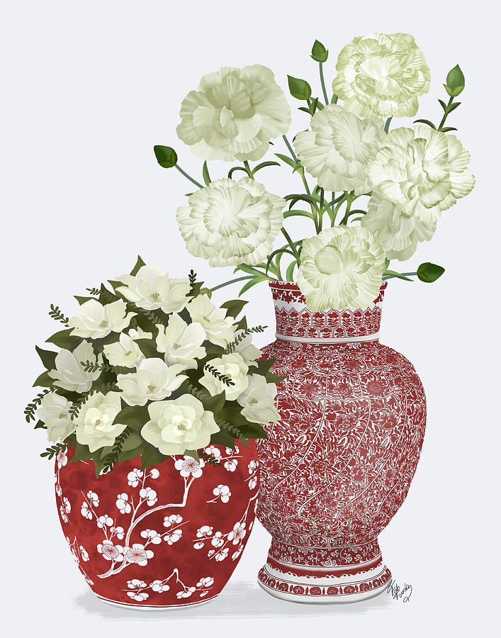 Chinoiserie Flower Duo 1, Red Painting by Fab Funky