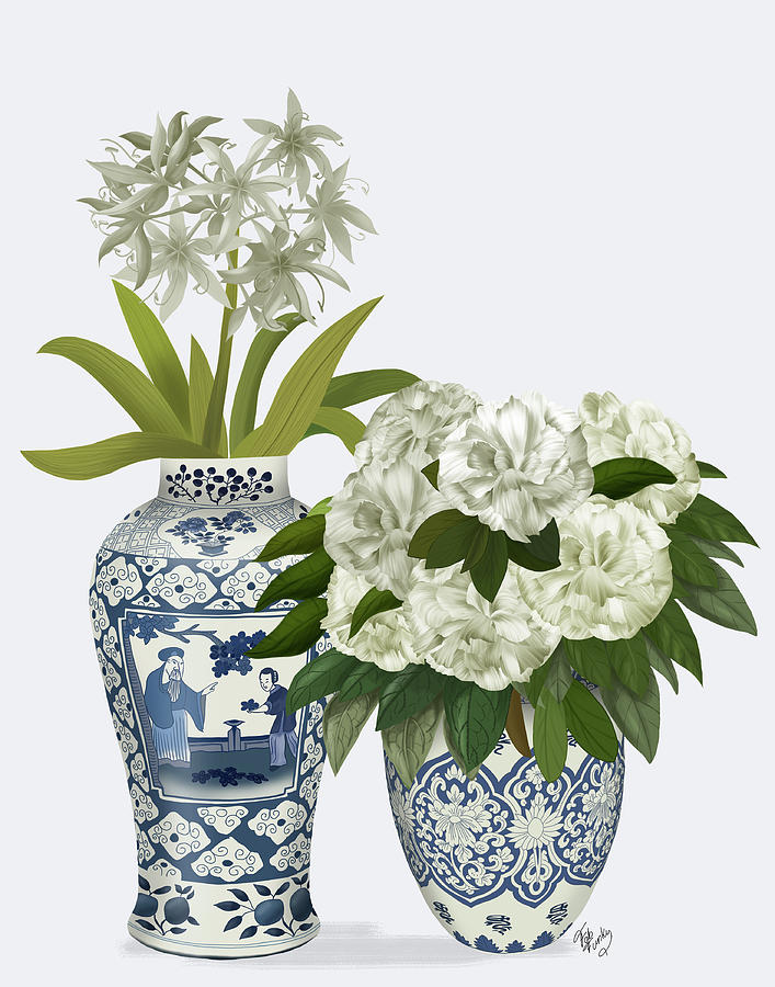 Chinoiserie Flower Duo 2, Blue Painting by Fab Funky