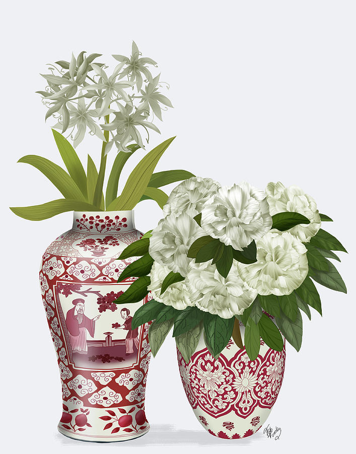 Chinoiserie Flower Duo 2, Red Painting by Fab Funky