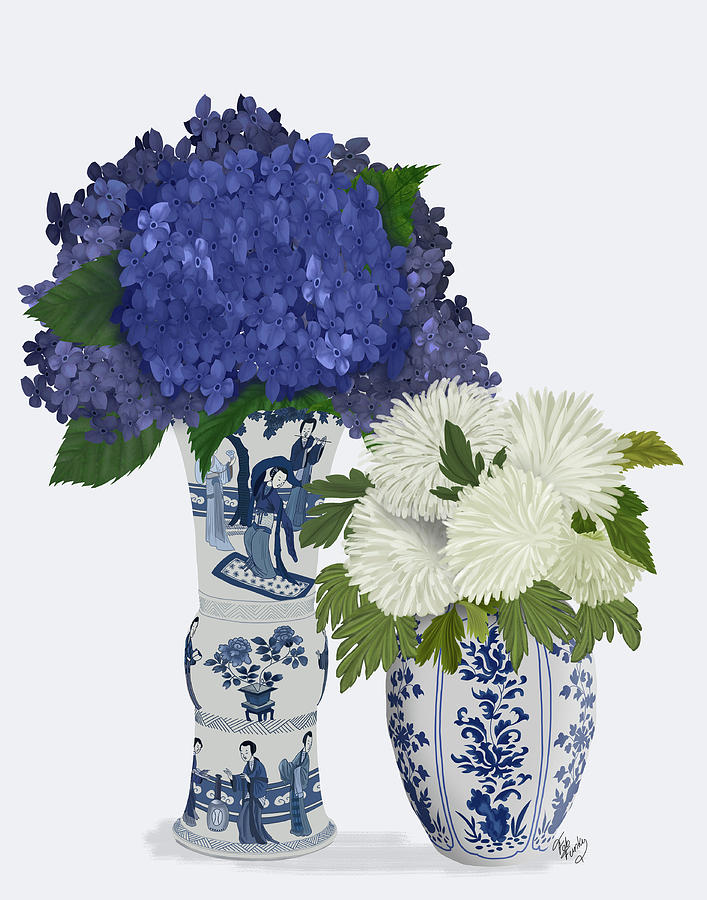 Chinoiserie Flower Duo 3, Blue Painting by Fab Funky