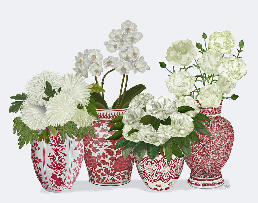 Chinoiserie Flower Quartet 1, Red Painting by Fab Funky