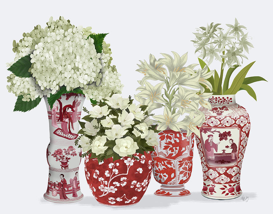Chinoiserie Flower Quartet 2, Red Painting by Fab Funky